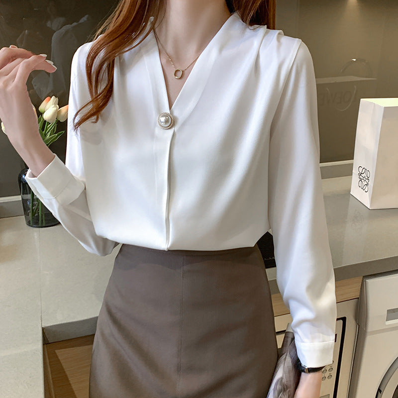 V-neck Chic Long-sleeve Blouse For Women Spring