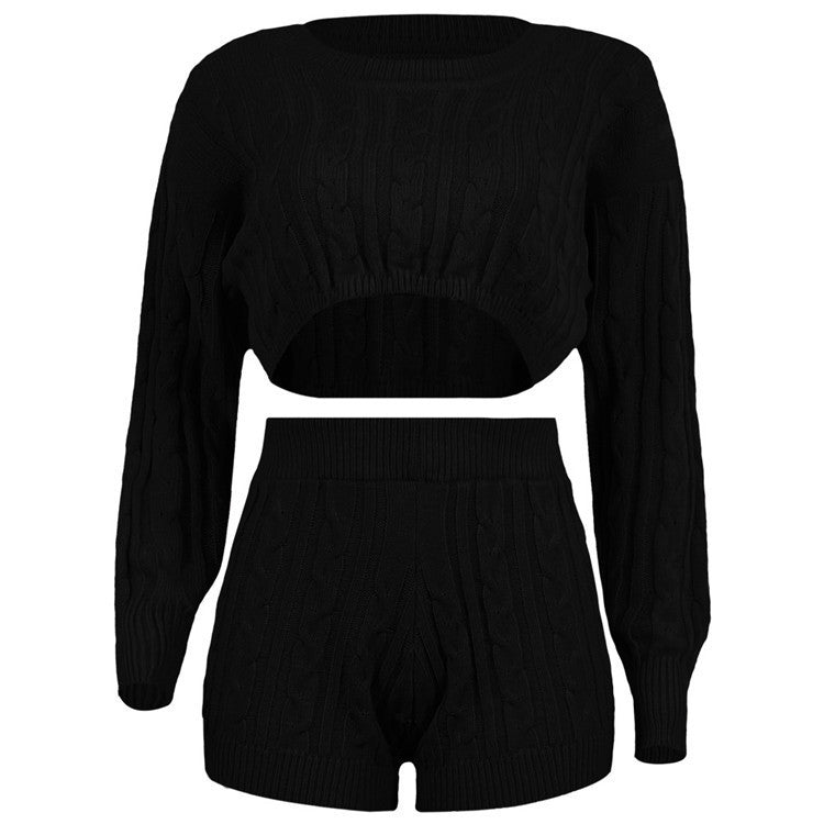 Autumn Women Chic Two Piece Set Knitted Crop Pullovers Sweater