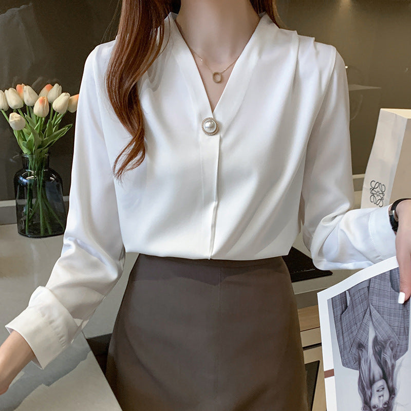 V-neck Chic Long-sleeve Blouse For Women Spring