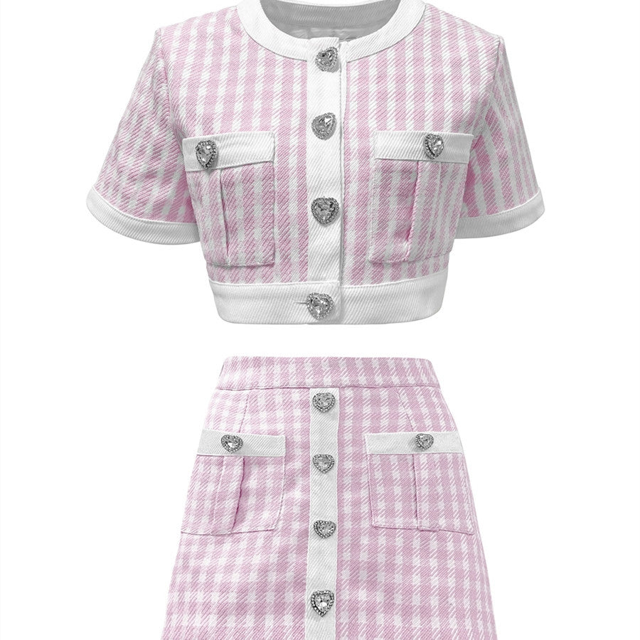 Little Chic Love Rhinestone Buckle Plaid Set